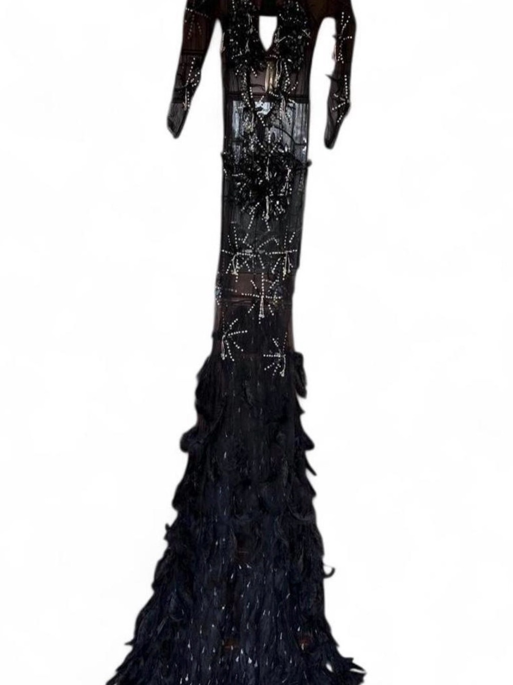 Elegant Black Beaded Maxi Dress with Feathered Skirt